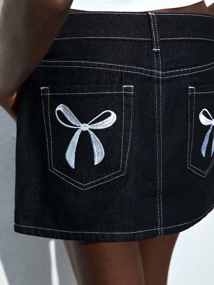 SHEIN Maija Women's Dark Blue Denim Skirt, Low Waist Mini Skirt, Cute Bow Embroidery Classic Denim Skirt Autumn Women's Clothing
