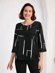 Miaspire 女士休闲撞色条纹衬衫，春夏款 - 黑與白 - 查看 3