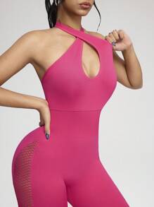 Innovista Hot Pink Summer Sexsy Woman Seamless Workout Jumpsuit Built-In Bra Gym Stretchy Yoga Romper Backless Mesh Cutout Breathable Tummy Control Workout Suit - Hot Pink - View 9