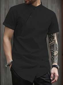 Manfinity Homme Men's Solid Color Button Design Short Sleeve Casual Shirt Men Black Shirt - Black - View 1