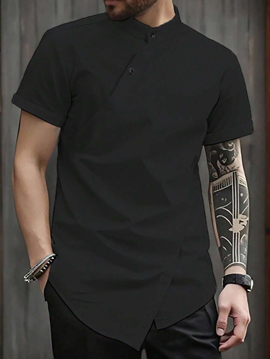 Manfinity Homme Men's Solid Color Button Design Short Sleeve Casual Shirt Men Black Shirt - Black - View 1