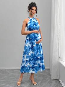 Momance Váy bầu họa tiết hoa buộc eo hai dây - Màu xanh nhạt - Xem 4