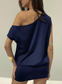 Aloruh Đầm mini tay ngắn ôm eo lệch vai thời trang hiện đại cho nữ - Màu xanh hải quân - Xem 3