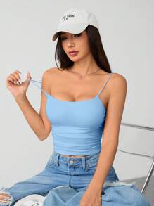 SHEIN PETITE Áo ba lỗ hở ngực bó sát cổ tròn thoáng khí cơ bản màu trắng dành cho nữ - Màu xanh nhạt - Xem 4