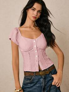 Poéselle Women's Sweetheart Collar Single-Breasted Raglan Sleeve Fashion Blouse - Pink - View 1