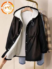 SHEIN Explorewe 少女休闲简约加厚连帽外套，胸前字母刺绣，松紧腰带，适合秋冬季外出、上学、通勤、旅行 - 黑色 - 查看 4