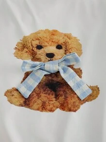 2 件套女童休闲狗狗印花长袖上衣和蓝色格子裤舒适睡衣套装 - 白色 - 查看 3