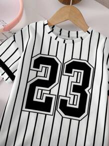 Babygirl Cute Summer Sports Style Colorblock Striped Numeric Pattern Loose Dress - Black and White - View 5