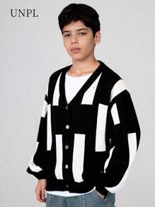 SHEIN Explorewe Boys Black & White Cardigan, Simple Street Casual, Suitable For Travel, Gatherings, Back To School, Spring, Summer And Autumn - Black and White - View 1