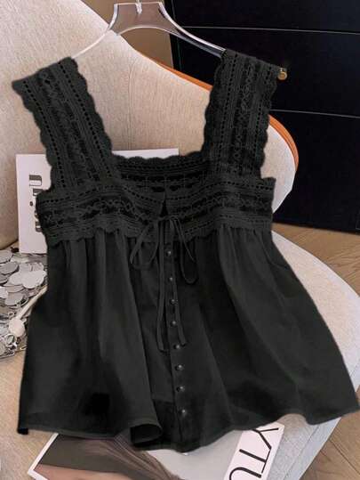 GlowEve CURVE 加大码女式蕾丝拼接白色领口无袖上衣，宽松荷叶边镂空优雅可爱衬衫，适合春夏季