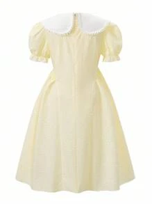 Tween-Mädchen Elegantes, lässiges Urlaubskleid, blaues Kleid mit Rüschenkragen und Puffärmeln und Schleife, geeignet für Frühling/Sommer im Freien/Urlaub