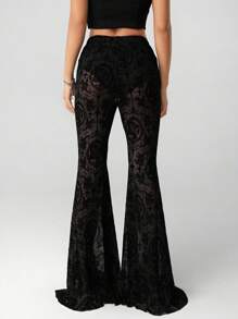 SHEIN ICON Women's Exaggerated Flare Lace Sheer Long Pants,Fall - Black - View 2
