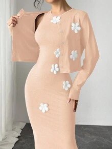 Elenzga Women's Solid Color Elegant Lady Style Jacket & Dress Set With Floral Decor, Suitable For Spring/Summer Fall Cloth For Women