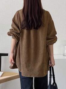 FRIFUL Women's Solid Color V-Neck Long Sleeve Pleated Loose Casual Shirt Brown Tops Brown Blouses Corduroy Tops Brown Corduroy Top V Neck Corduroy Top