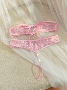 SpicyHot 女士蕾丝透视露背系带性感内衣套装，外出穿着 - 粉色 - 查看 2