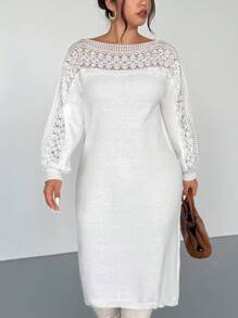 Firerie Vestido de suéter de encaje y parches de talla grande para mujer en otoño/invierno - Albaricoque - Ver 6