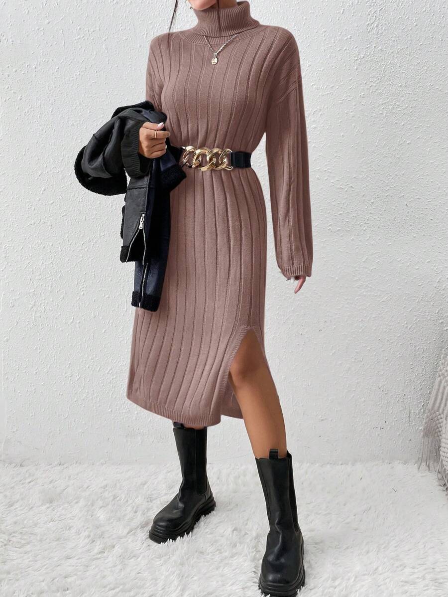 EURMUSE Turtle Neck Drop Shoulder Sleeve Knit Sweater Dress With High Low Hem, Belt Not Included - Coffee Brown - View 1
