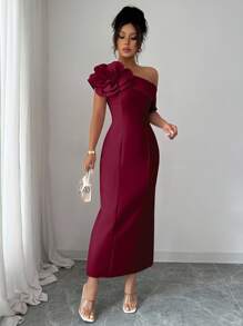 Modelyn Vestido de fiesta elegante francés con hombros oblicuos y decoración floral para mujer - Burdeos - Ver 4