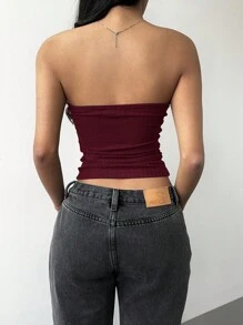 SHEIN BASICS Casual Solid Color Knit Fitted Tube Top For Women/Summer\Off-Shoulder - Rose Red - View 2