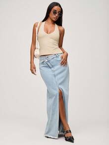 SHEIN BASICS 女式休闲纯色针织露背上衣 - 杏色 - 查看 4