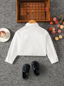 Young Girl Solid Color Woven Crop Shirt With Dual Pockets, Casual,Great For Casual & Daily Wear & School Daily - Apricot - View 5