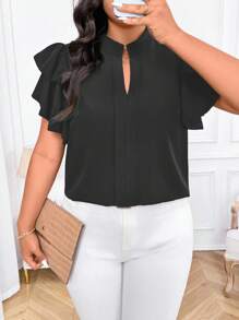 EMERY ROSE Plus Size Elegant Commuter Solid Color Ruffle Hem Blouse, Summer - Dark Grey - View 1