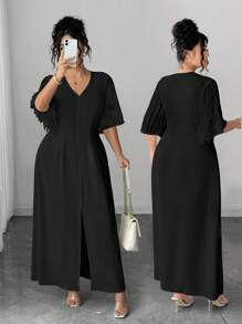 Elenzga 大码女式V领荷叶边袖开衩下摆宽松优雅连衣裙 - 黑色 - 查看 1