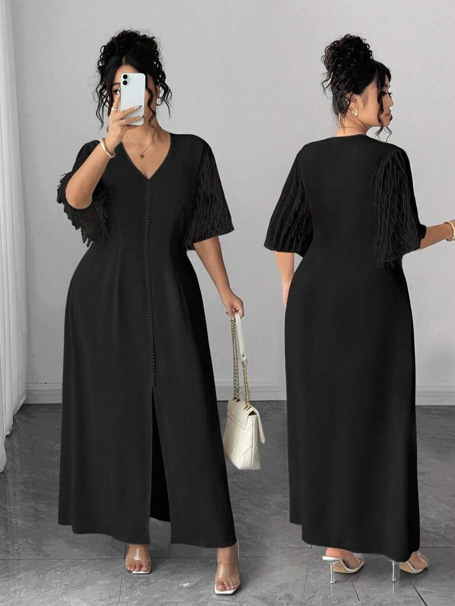 Elenzga 大码女式V领荷叶边袖开衩下摆宽松优雅连衣裙 - 黑色 - 查看 1