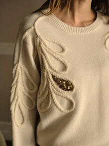 MOTF PREMIUM CONTRAST SEQUIN EMBROIDERY SWEATER - Apricot - View 3