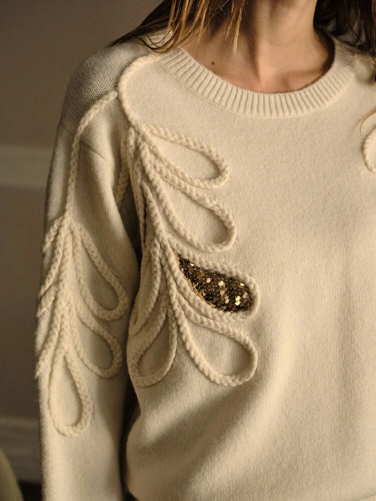 CONTRAST SEQUIN EMBROIDERY SWEATER