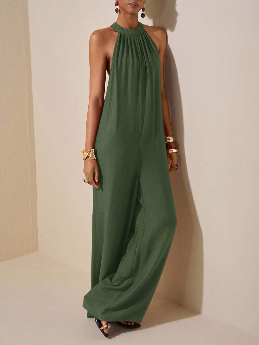 Zivah Mono de playa de primavera y verano, de cuello halter o redondo, sin mangas, ultra holgado y de pierna ancha, para ocio, vacaciones y uso diario - Verde militar - Ver 1