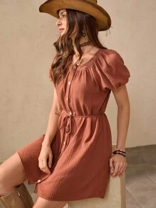 Wildy Women's 100 Percent Cotton Comfortable Casual Brick Red Button Front Short Dress Women's Elegant Jacquard Mini Dress, Summer Red DressWomen Brunch Dress Daisy Dress Women Back To School Night Out/Going Out Back To School Going Out Outfits Teacher Outfits Cream Dress Bubble Skirt - Redwood - View 4