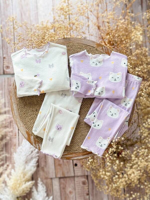 Emery Rose Kids Emery Rose Kids 4 件套少女针织可爱动物图案荷叶边领休闲 T 恤和加长裤家居服套装