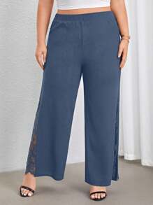 Firerie Plus Size High Waist Wide Leg Pants With Lace Panel And Side Slit, Elegant For Commute And Daily Wear, Spring/Summer