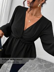 Firerie 大码休闲扭纹 A 字长袖衬衫，绿色 - 黑色 - 查看 1