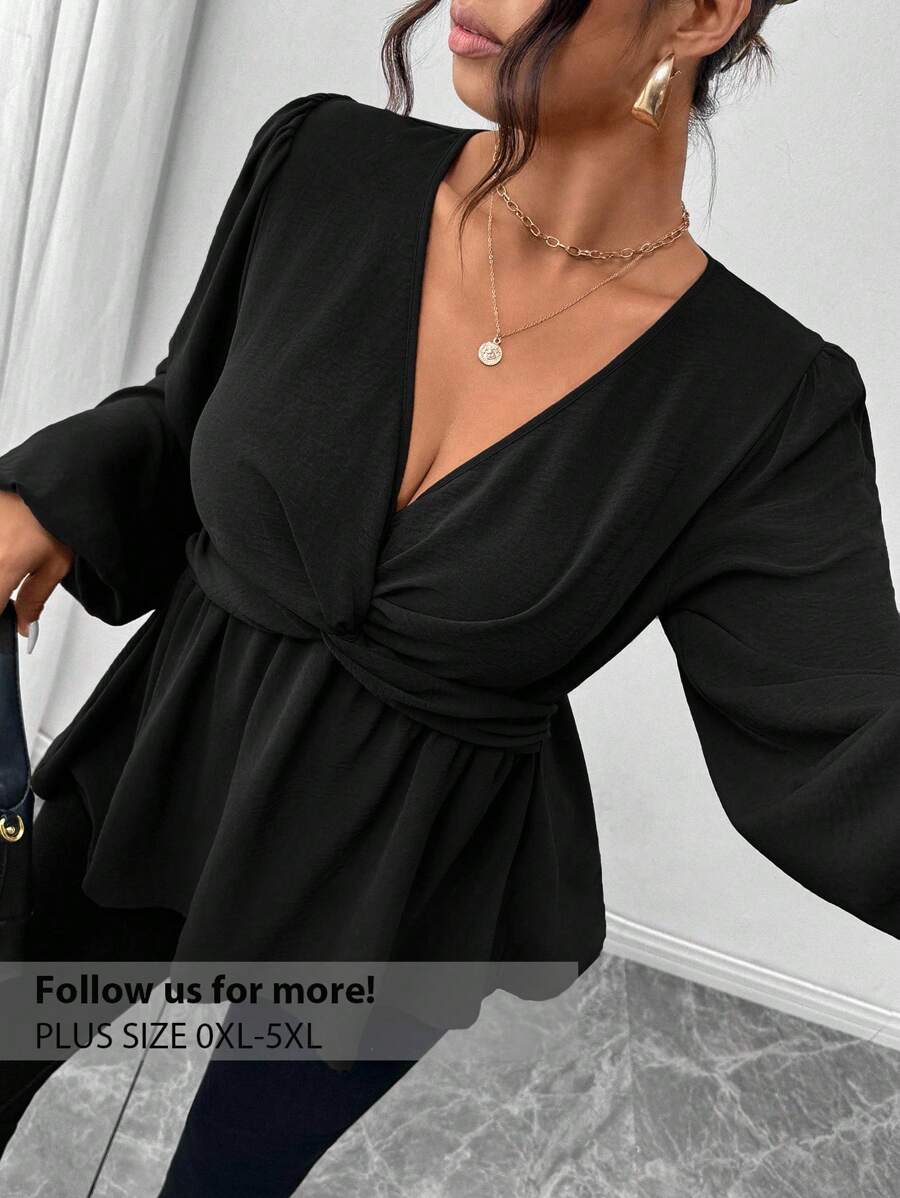 Firerie 大码休闲扭纹 A 字长袖衬衫，绿色 - 黑色 - 查看 1