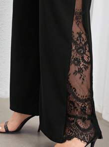 Firerie Pantaloni negri eleganți, casual, cu talie înaltă, cu croi larg, cu crăpături laterale și panouri din dantelă transparentă, potriviți pentru purtare zilnică și naveta, primăvară/vară