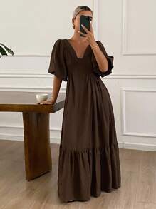 DAZY Váy ngắn tay đơn giản tối giản màu trơn dành cho nữ - Cà phê - Xem 4