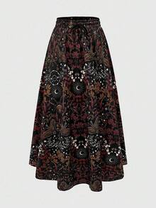 ROMWE 2pcs/Set Plus Size Women's Vacation Gothic Floral Print Camisole Top And Elastic Waist Midi Skirt - Orange - View 3