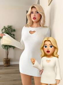 Sweetina Fall Women's White Knit Sweater Homecoming Party Solid Color Heart Cutout Flared Sleeve Bodycon Knitted Dress