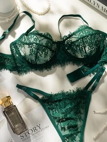 Hollow-Out Lace Push-Up Bra And Panty Set For Plus Size Women In Elegant Style, Lift Lingerie Set - Multicolor - View 3