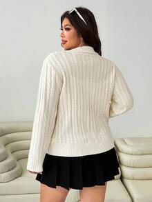 SHEIN EZwear 2026 Spring & Summer New Casual Outgoing Daily Wear Party Date Birthday Music Festival Back To School Commute Valentine's Day New Year Shirt Collar Cardigan Long Sleeve Horse Logo Embroidery Cable Knit Cardigan Knitwear Apricot Cream Color Preppy Style Plus Size Sweater