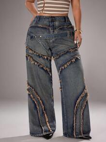 Jeanoix 大码女式纽扣设计磨边阔腿宽松休闲牛仔裤