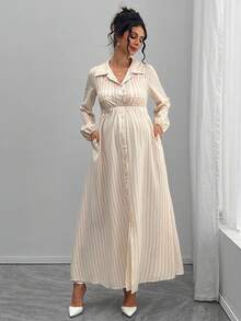 SHEIN Maternity Casual Commuter Striped Front Button Long Dress - Baby Blue - View 2