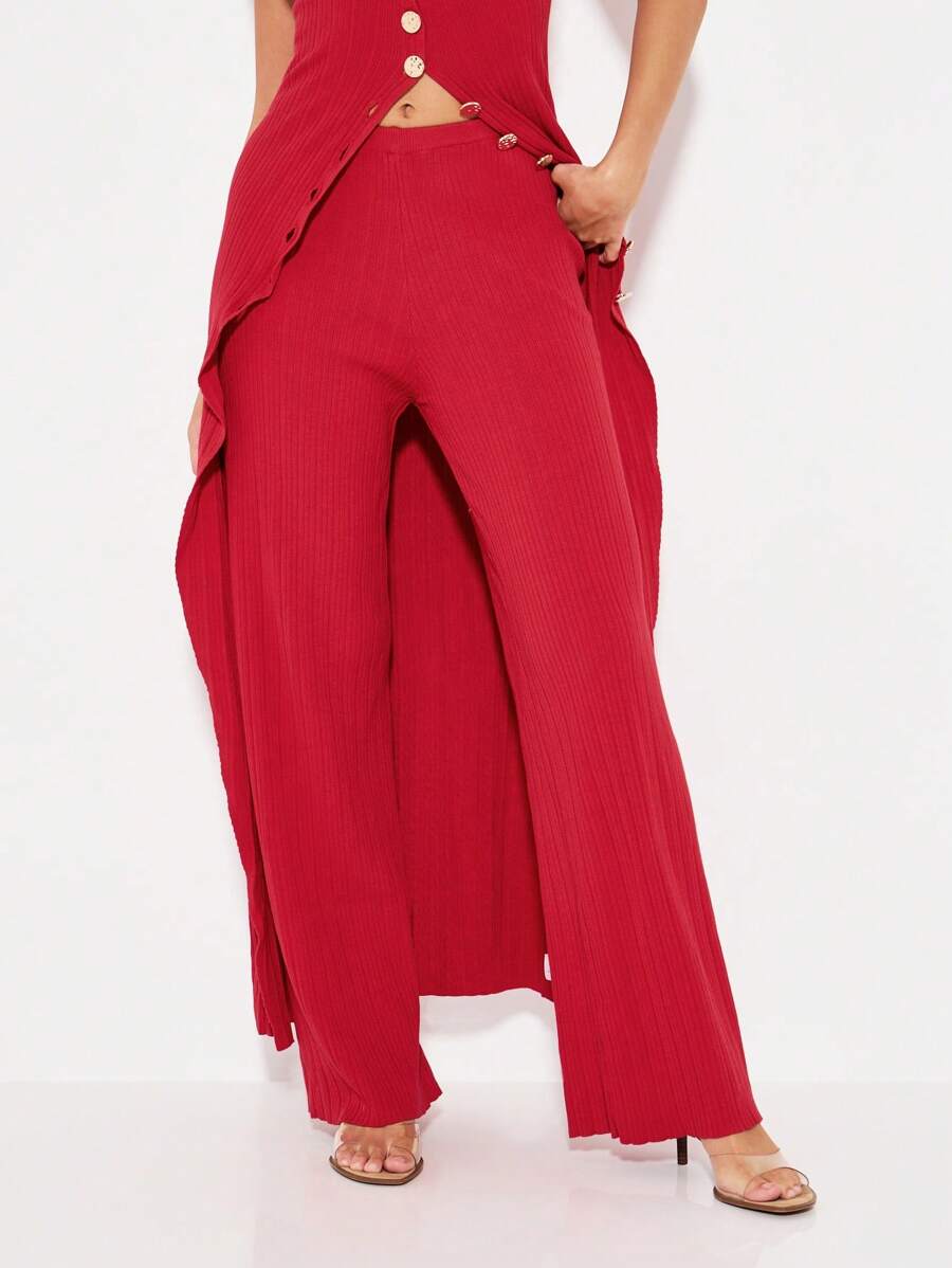KIZN Ribbed Knit Wide Leg Pants Button Detail Fall Winter Palazzo Style Lounge Bottoms Flowing Long Pants High Waisted Casual Evening Holiday Resort Wear