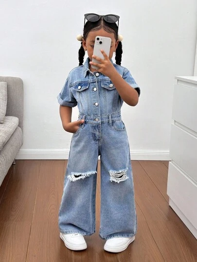 SHEIN 年轻女孩蓝色牛仔破洞衬衫式连体裤，酷炫街头造型