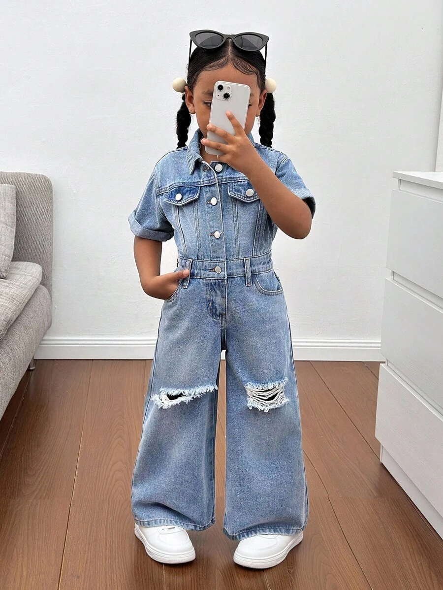 SHEIN 年轻女孩蓝色牛仔破洞衬衫式连体裤，酷炫街头造型