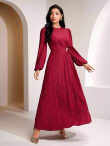 Veilorie Women's Round Neck Lantern Sleeve Waist Metal Flower Decor Elegant Dress - Burgundy - View 5