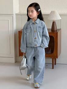 DAZY Bộ đồ denim cho bé gái - Màu xanh lam - Xem 2