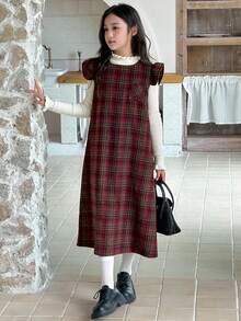 DAZY Girls Plaid Dress With Flutter Sleeves, Casual Plaid Pinafore Dress, Fashionable Street Style For Fall/Winter - Multicolor - View 4